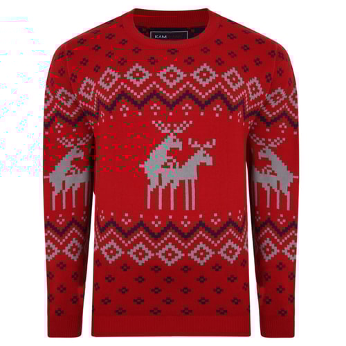 KAM Xmas Reindeer Theme Knit Jumper Red